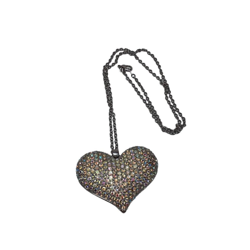 Necklace Rhinestone 3" Pave Heart Long Silver-Tone Chain Cage Back Valentines - Picture 5 of 8